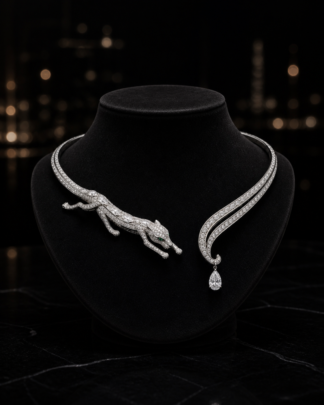 The Regalia Collar, an articulated white-gold panther collar with dense diamond pavé and natural emerald eyes, shown on its own.
