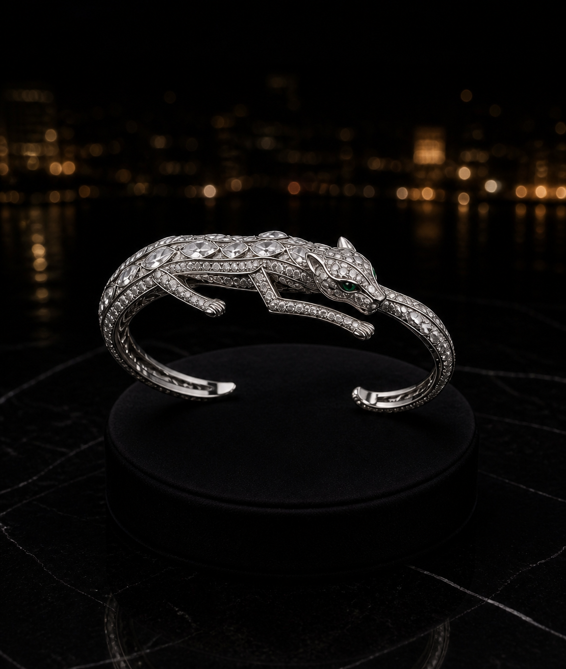 The Sovereign Bracelet, a fully articulated white-gold panther wrapping the wrist, pavé-set with natural emerald eyes, shown on its own.