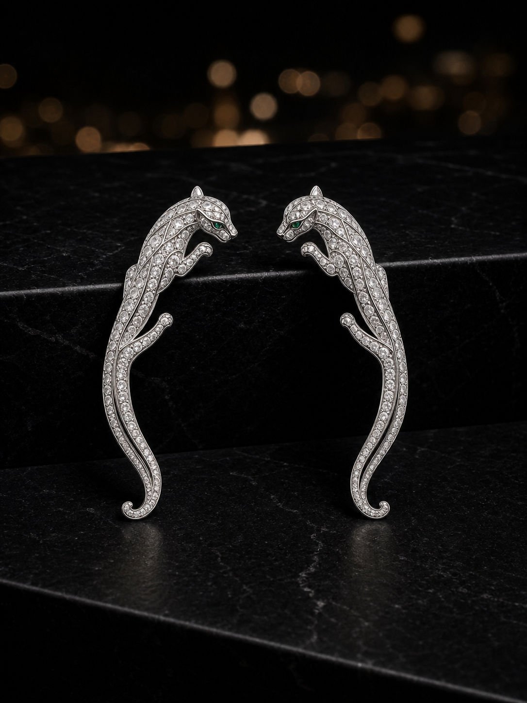 The Nocturne Ear Climbers, articulated white-gold panther climbers set with pavé diamonds and natural emerald eyes, shown on their own.